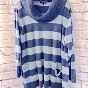 Blue Striped Cowl Neck Sweater with Pockets. Size 2X